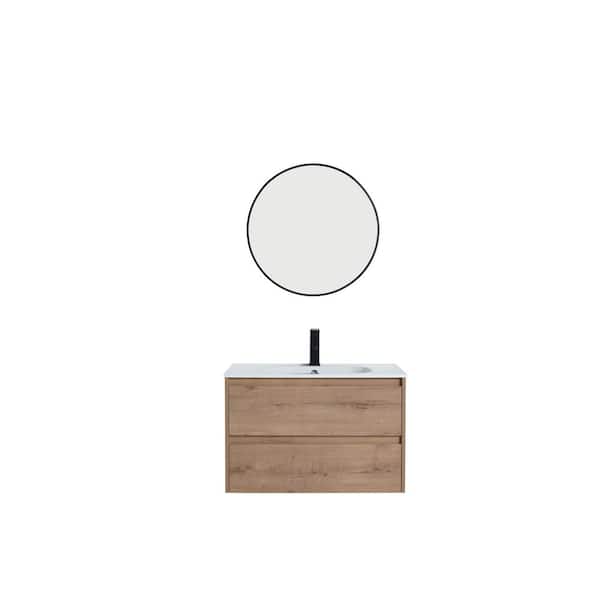 Unbranded Solid Wood 30 in. Floating Natural Wood Brown Bath Vanity with White Resin Basin Top Assembled