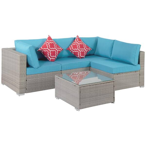 Tatayosi 5-Piece Outdoor PE Rattan Patio Conversation Steel Wicker Sectional Cushioned Sofa Sets with Blue Cushion