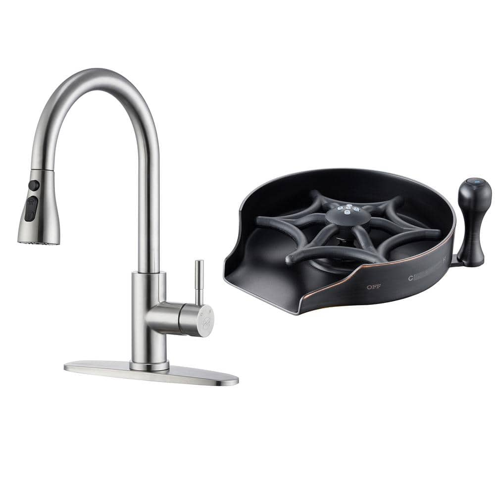 Single Handle Pull Down Sprayer Kitchen Faucet with Glass Rinser Kitchen Sink Accessory Combo in Oil Rubbed Bronze -  GAGALIFE, JJL-CL-XBQ-G-RB