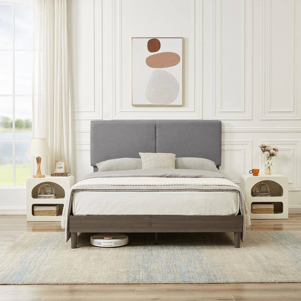 Upholstered Bed Frame with Linen Fabric Headboard, Strong Wood Slats Supports Platform Bed, Queen Size Bed, Beige - thumbnail 6