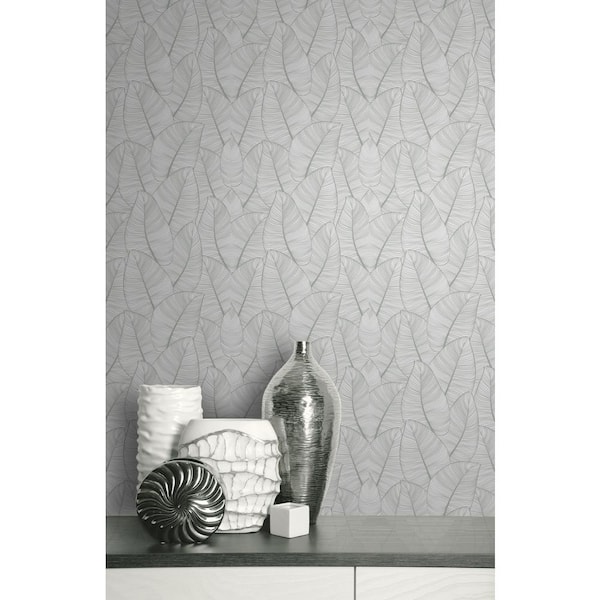 Metallic Leaf Grey and White Paper Non - Pasted Strippable Wallpaper Roll (Cover 56.05 sq. ft.)