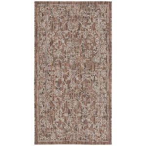Courtyard Brown/Ivory 2 ft. x 4 ft. Border Floral Scroll Indoor/Outdoor Area Rug