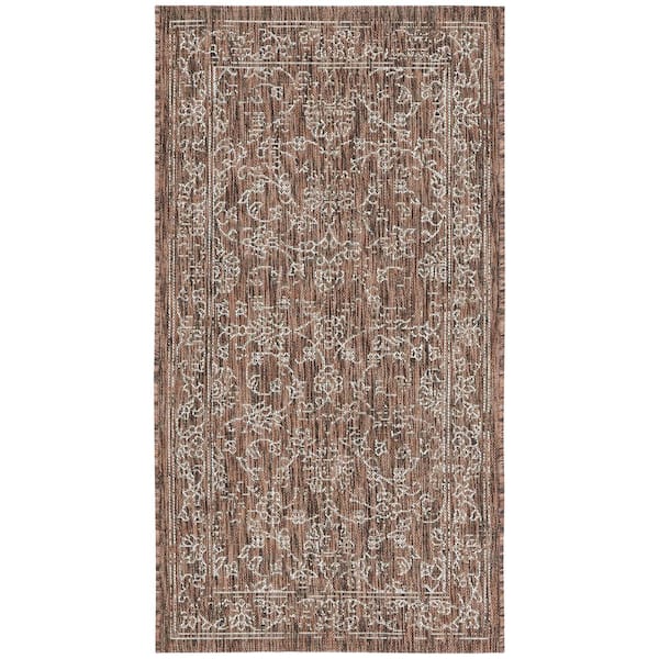 Courtyard Brown/Ivory Doormat 2 ft. x 4 ft. Border Floral Scroll Indoor/Outdoor Area Rug