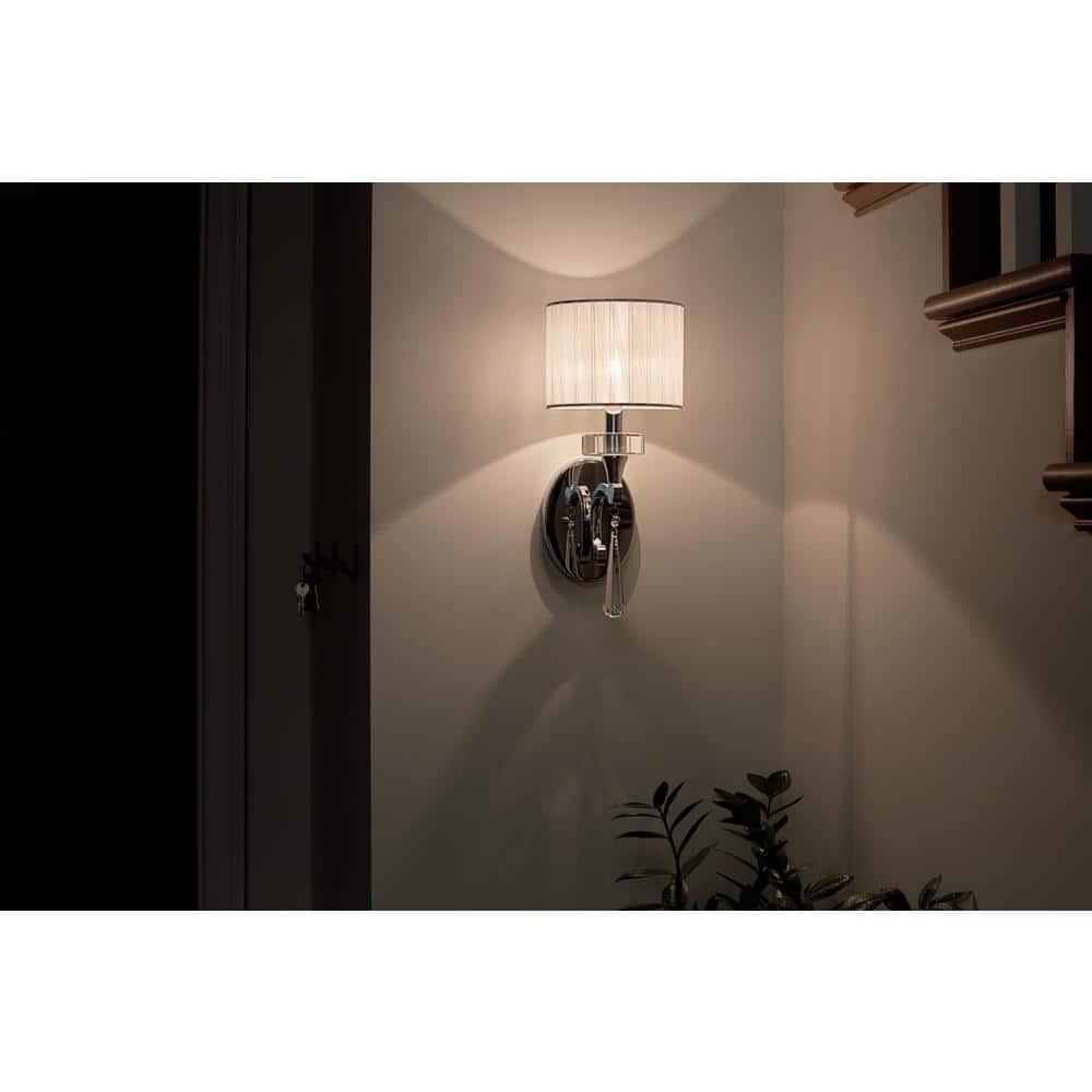 Chrome and White Fabric Shade Wall Sconce with Crystal Accents