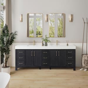 Leon 84 in. W x 22 in. D x 34 in. H Double Freestanding Bath Vanity in Fir Wood Black with White Composite Stone Top