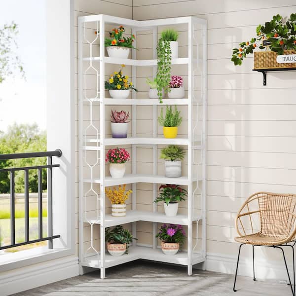 79 in. Tall White Wood 7-Shelf Standard Bookcase with Interior Shelves, Storage, Corner Etagere Bookcase Living Room