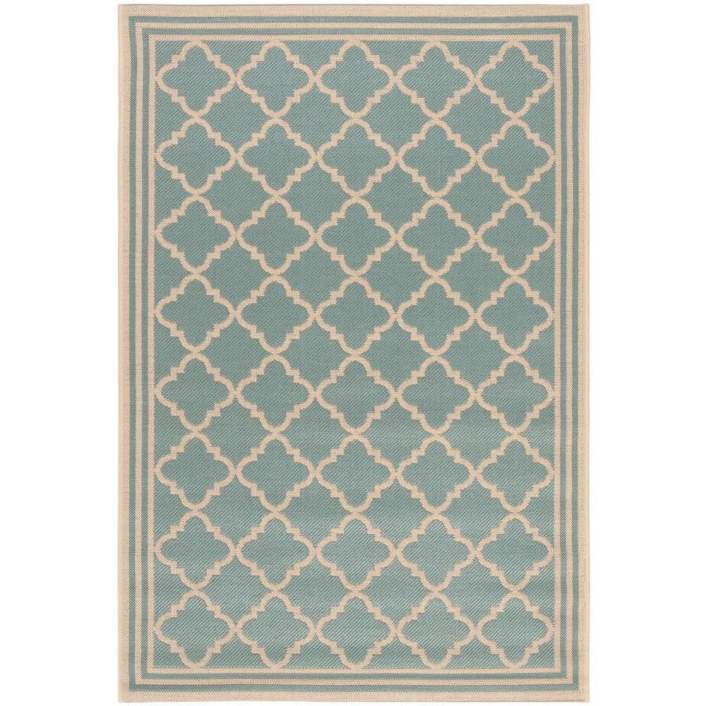 Aqua and Cream Geometric Washable Round Rug