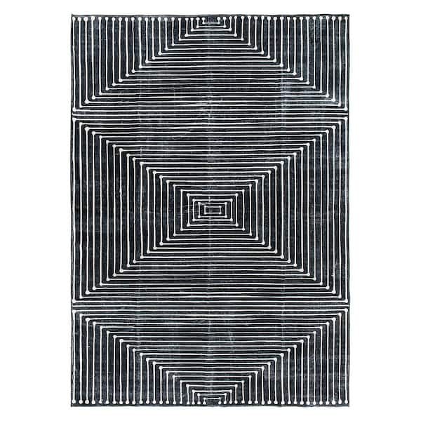 Bohemian Stripes Washable Non Slip Black 9 ft. x 12 ft. Area Rug