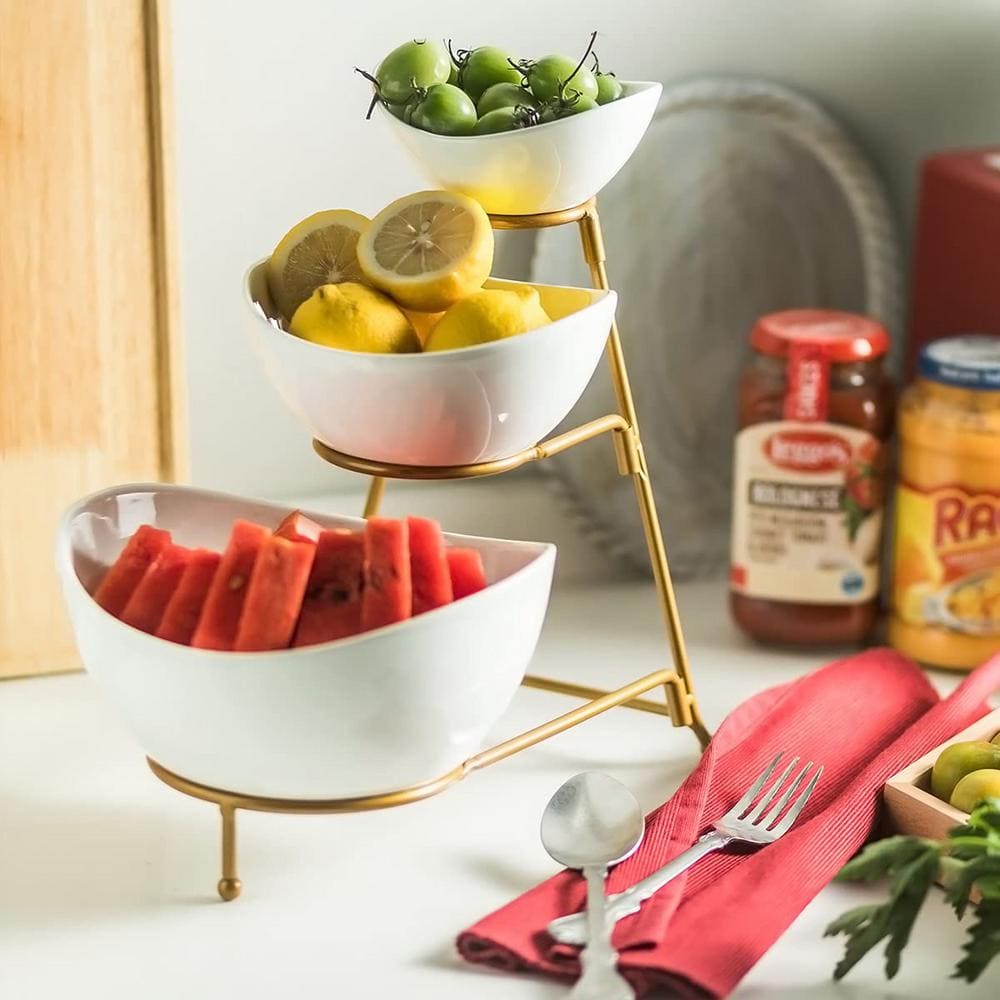 3-Tier Gold Metal Serving Stand Tray with 3 White Oval Porcelain Serving Bo