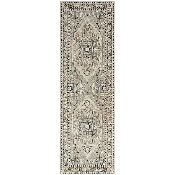 Everwash Treasure Rubia Ivory/Beige 2 ft. x 7 ft. Medallion Machine Washable Runner Area Rug