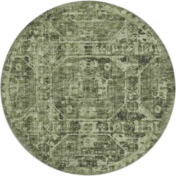 Dream Shag Premium Machine Washable Abstract ADS41 Olive 8 ft. x 8 ft. Round Rug