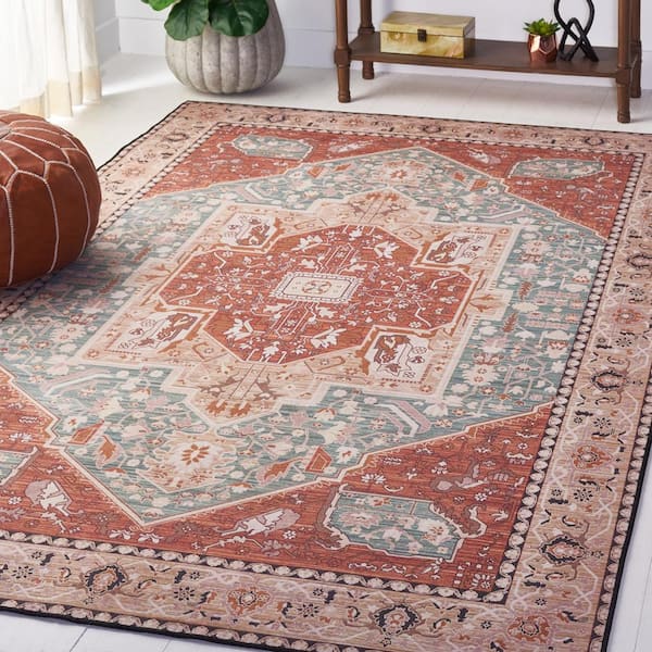 Tucson Aqua/Rust 9 ft. x 12 ft. Machine Washable Floral Border Area Rug