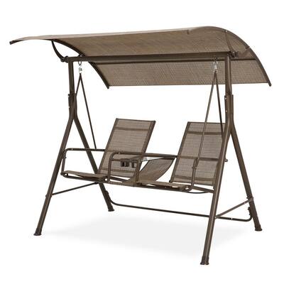 2-Person Brown Steel Frame Cover Adjustable Patio Swing for Patio Garden Poolside Balcony