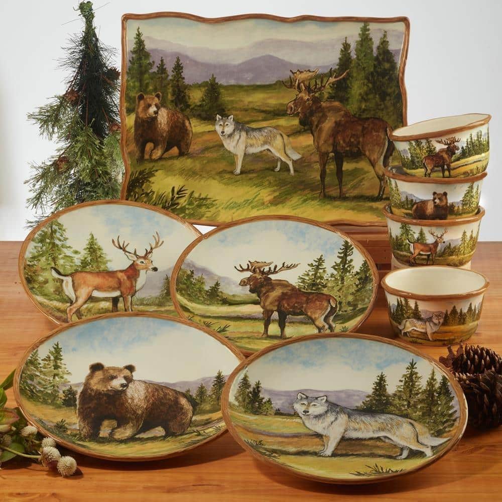Mountain Wildlife Hand-Painted Ceramic Salad Plates, Set of 4