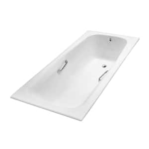 71 in. Cast Iron Rectangular Drop-in Bathtub in Glossy White with Polished Chrome External Drain and Tray
