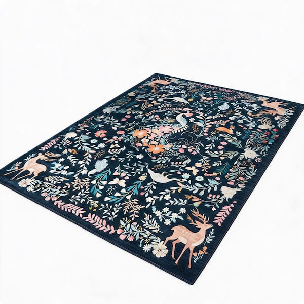 8 X 10 ft. Black Deer and Peacock Animal Pattern Washable Non-Slip Stain-Resistant Area Rug
