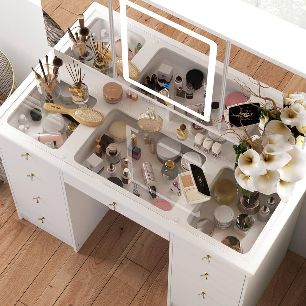 White Makeup Vanity Desk 9 Drawers Wood Dressing Table With 3 Mirrors, Glass Top, Hidden Storage Shelves, LED Lighted - thumbnail 10