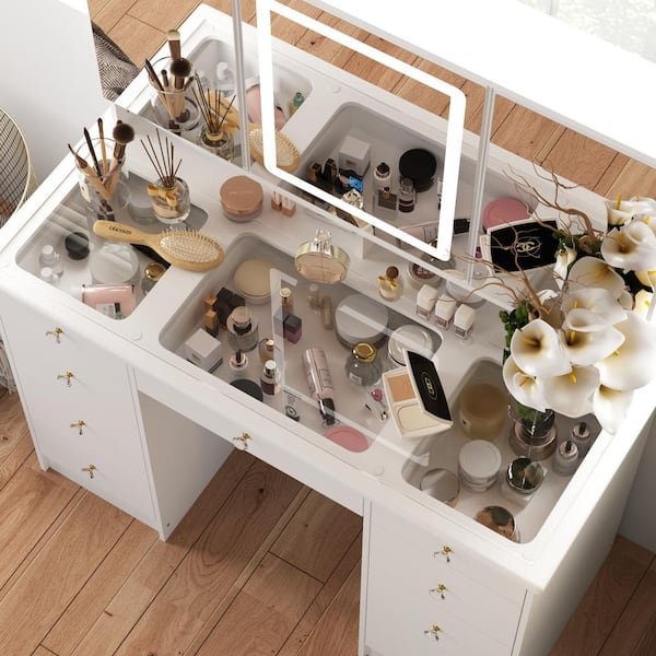 FUFU&GAGA Contemporary White Makeup Vanity Table with 9 Drawers and Mirror  - Ample Storage Space for Beauty Essentials in the Makeup Vanities  department at