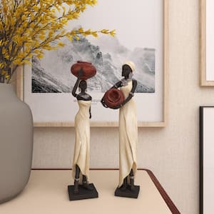 Cream Polystone Standing African Woman Sculpture with Red Water Pots and Black Base (Set of 2)