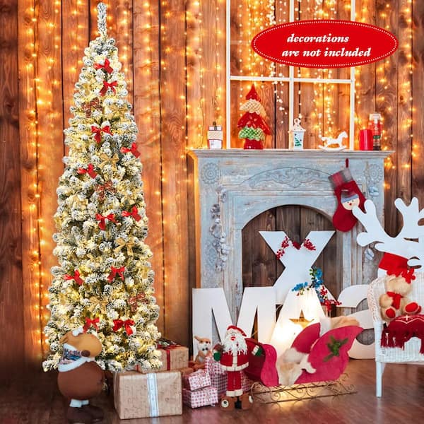 7.5 ft. Pre-Lit Pencil Snow Flocked Pencil Artificial Christmas Tree Holiday Decoration