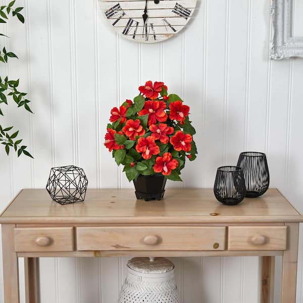 Nearly Natural 20 in. Artificial H Red Hibiscus with Black Hexagon