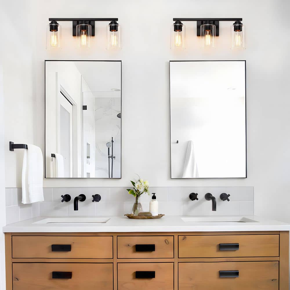 Modern 19.3 in. 3 Light Matte Black Bathroom Vanity Light with Clear Glass Shade Wall Sconce for Mirror price history on PriceWatchPro
