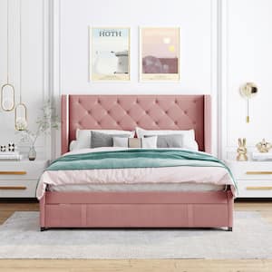 65 in. W Pink Velvet Upholstered Wood Frame Queen Size Storage Platform Bed with Wingback Headboard and a Big Drawer