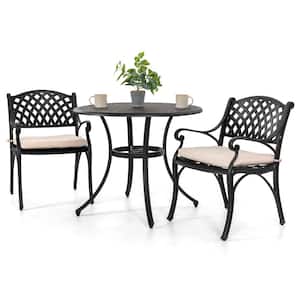Antique Bronze 3-Piece Cast Aluminum Patio Conversation Set with Tan Cushions, 36 in. Round Table and 2 Arm Chairs