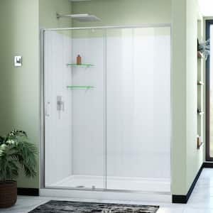 30 in. D x 60 in. W x 78 3/4 in. H Pivot Semi-Frameless Shower Door Base and White Wall Kit in Brushed Nickel