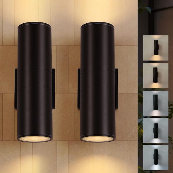 11.5 in. 2-Light 5-Color Temperature Adjustable Black Aluminum Morden Indoor/Outdoor Cylinder LED Wall Sconce (2-Pack)