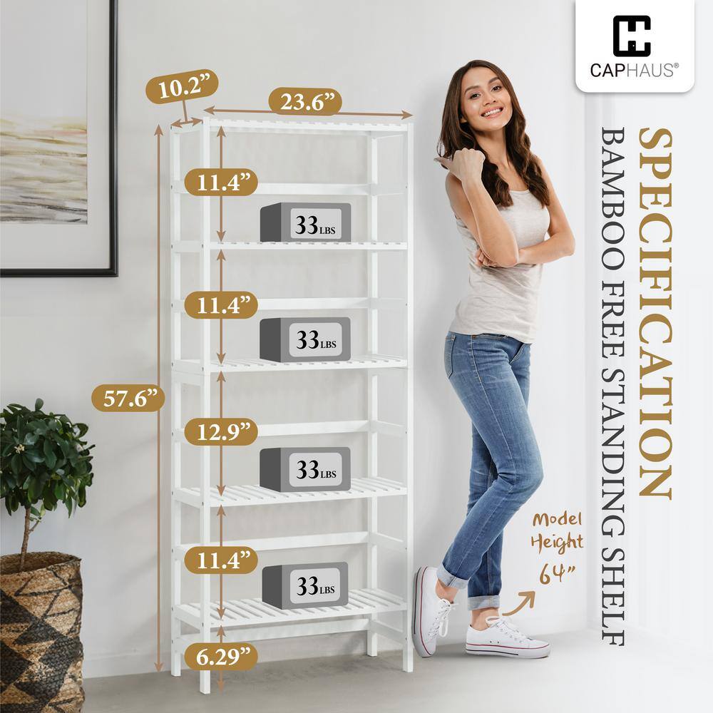 57.6 in Tall White Bamboo Adjustable 5-Shelf Bookcase