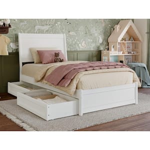 Casanova White Solid Wood Frame Twin Platform Bed with Panel Footboard and Storage Drawers