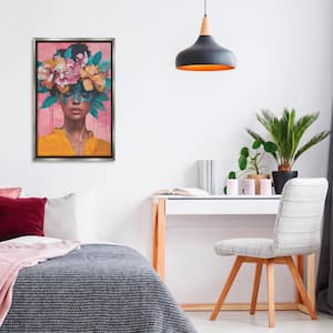 Woman With Floral Headdress by LSR Design Studio Gray Floater Frame Abstract Graphic Art Print 31 in. x 21 in.