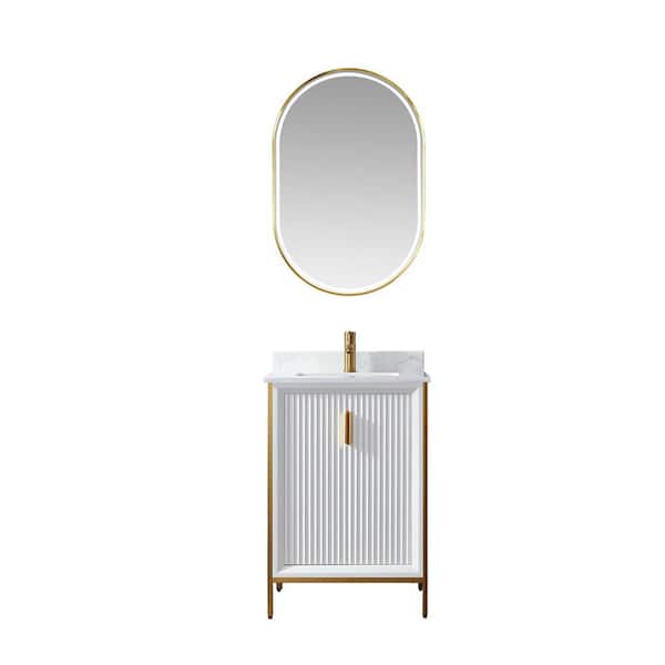 ROSWELL Granada 24 in. W x 19.7 in. D x 33.8 in. H Single Sink Bath Vanity in White with White Stone Countertop and Mirror