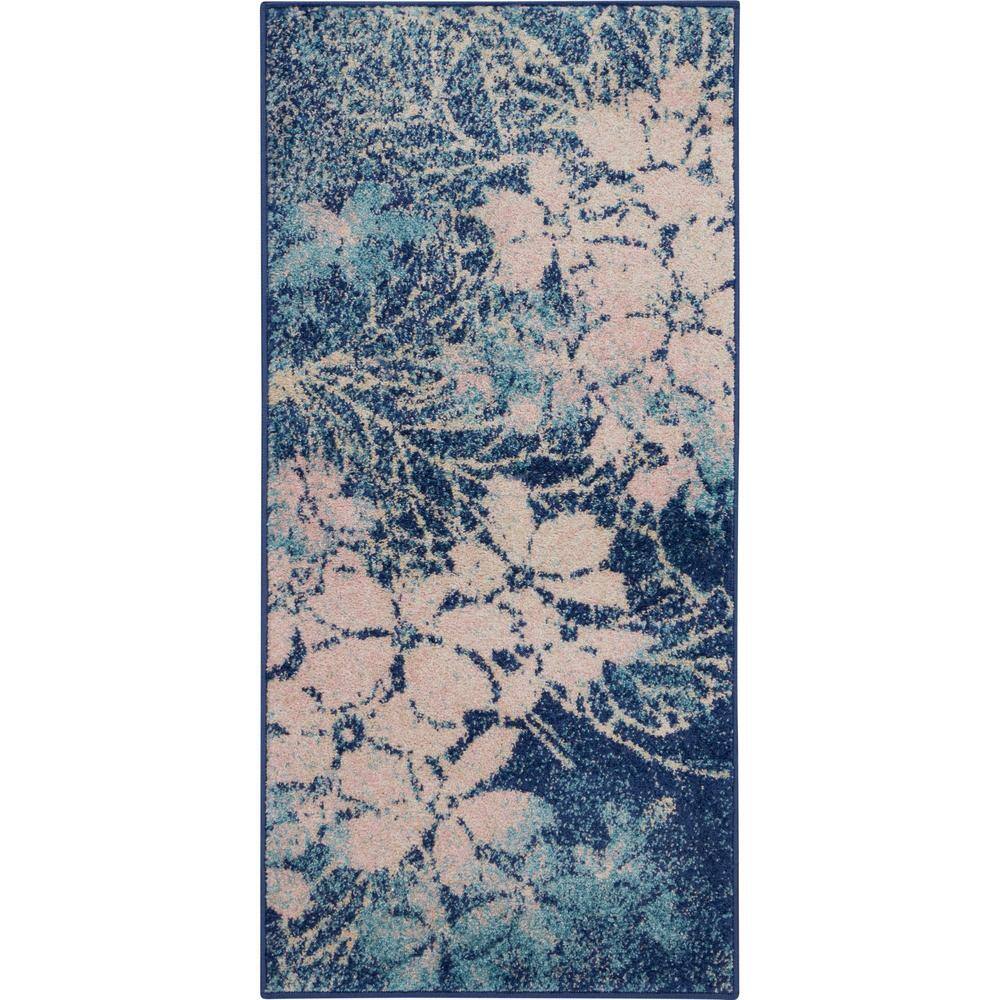 Navy & Pink Floral Viscose 2' x 4' Easy-Care Area Rug