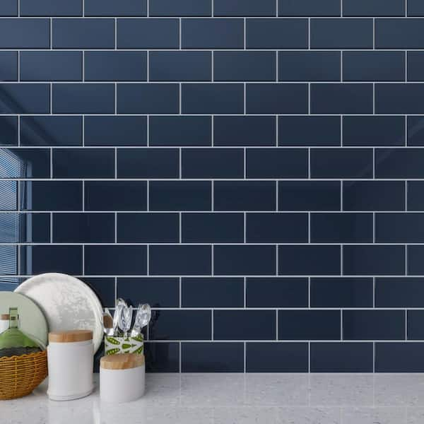 Giorbello Midnight Blue 3 in. x 6 in. x 8mm Glass Subway Tile (5 sq. ft ...