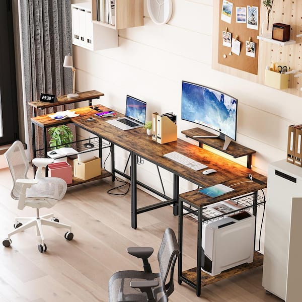 Bestier 52 in. L-Shaped Rustic Brown LED Gaming Desk with Storage