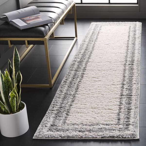 Border and Stripe Shag 2 ft. x 8 ft. Ivory/Gray Concentric Border Runner Rug