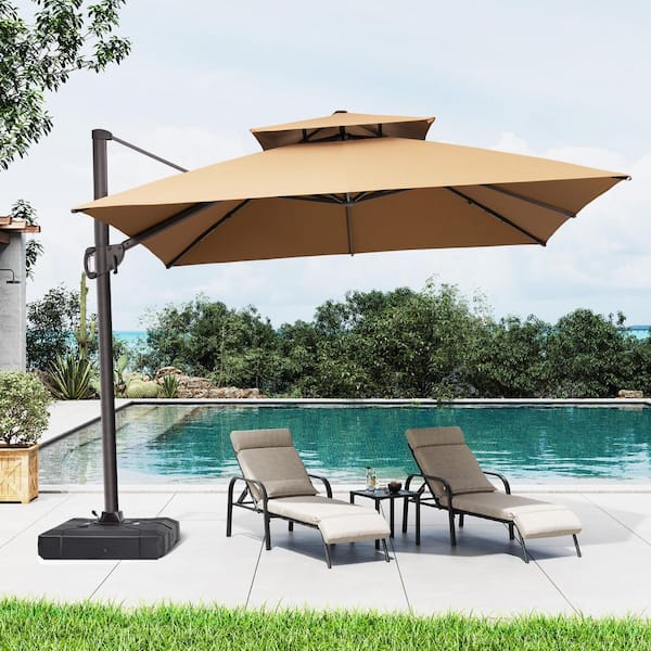 9.5 ft. x 9.5 ft. Double Top Cantilever Patio Umbrella in Tan Brown with 220 lbs. HDPE Base