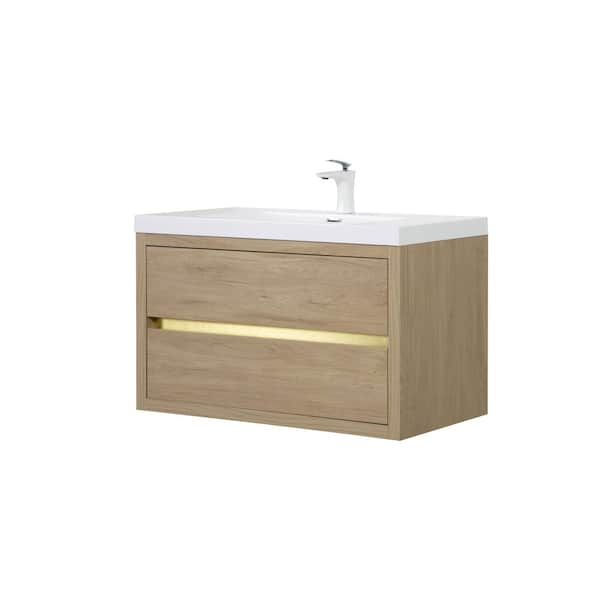 Haven 35 in. Modern Floating Natural Oak Bath Vanity with White Resin Top, Drawers