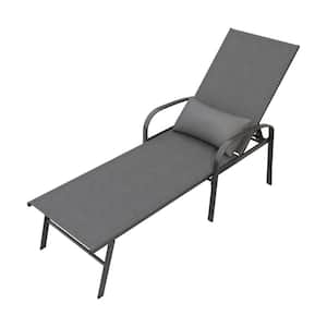 Gray 1-Piece Metal Outdoor Chaise Lounge with Pillow and Adjustable Backrest