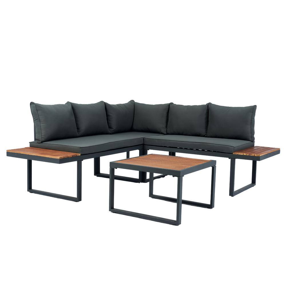 4-Pieces Metal Frame L-Shaped Patio Conversation Set, Sectional Sofa Seatin