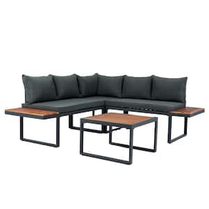 4-Pieces Metal Frame L-Shaped Patio Conversation Set, Sectional Sofa Seating Group, with Dark Grey Cushions and Table