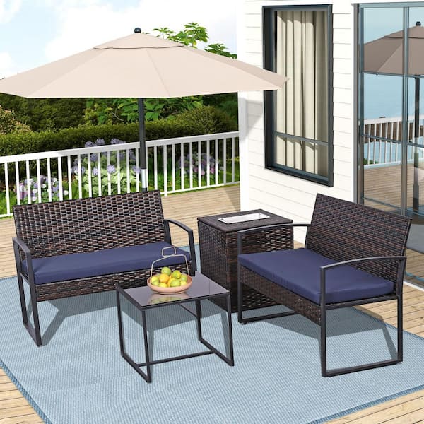 Cedar Island 4-Piece Brown Wicker Patio Conversation Set with Navy Blue Cushions