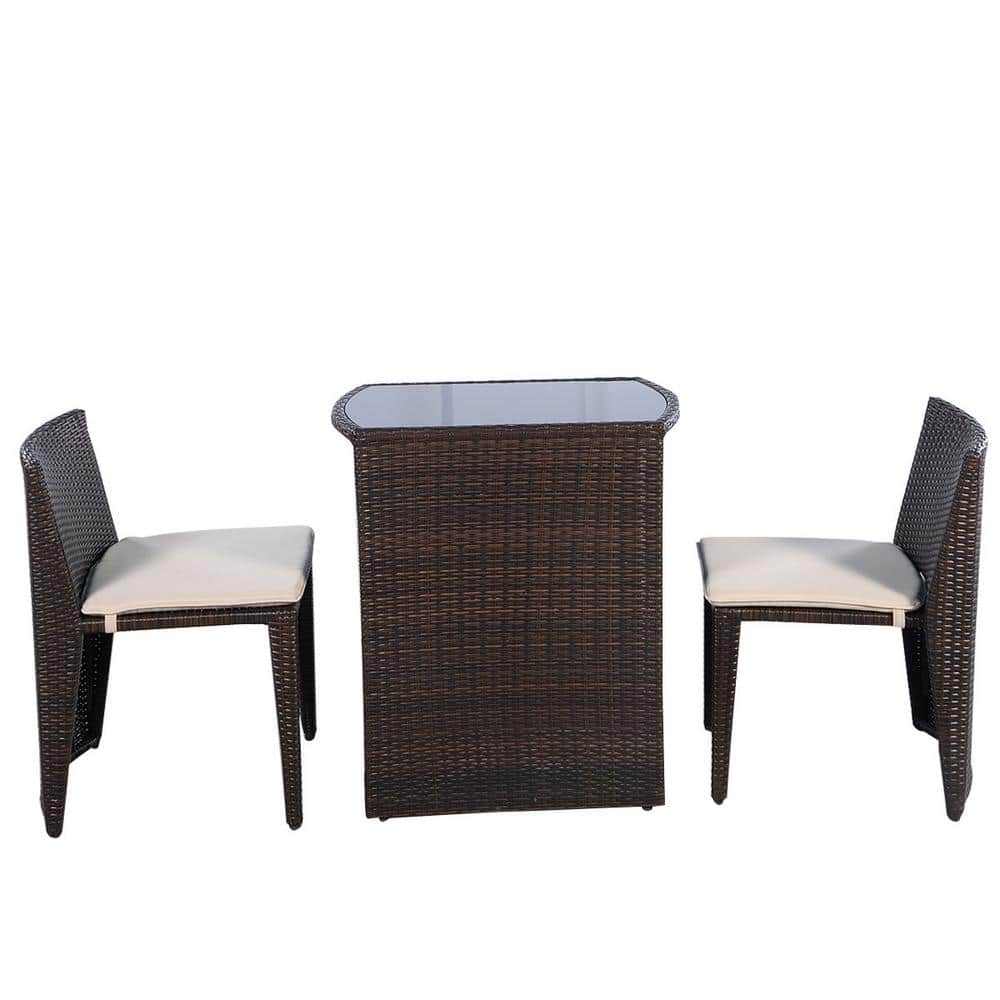Brown 3-Piece Wicker Outdoor Dining Set with White Cushions price history on PriceWatchPro