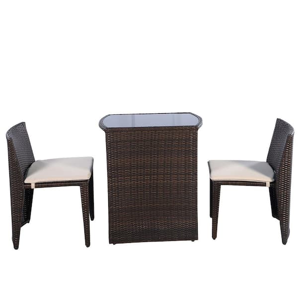 Costway Brown 3-Piece Wicker Outdoor Dining Set with White Cushions