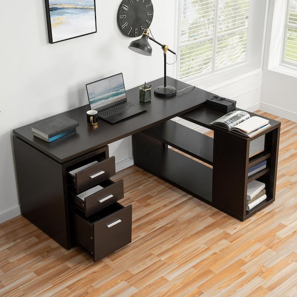 HOMESTOCK 59.84 in. L-Shaped Espresso Wood Desk with 2-Drawers, Spacious Modern Design, Drawers and Shelves for Home Office