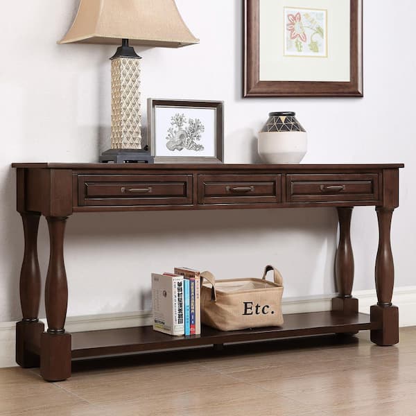 Adelaide 63.4 in. Brown Rectangle Wood Console Table with 3 Drawers and Bottom Shelf, Light Espresso