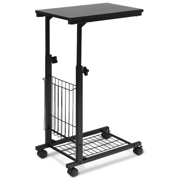 20 in. Black Specialty Wood Top Snack Magazine Sofa End Table Rolling Casters Height Adjustable