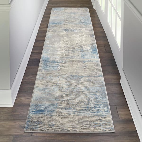 Solace Ivory/Grey/Blue 2 ft. x 7 ft. Abstract Contemporary Kitchen Runner Area Rug